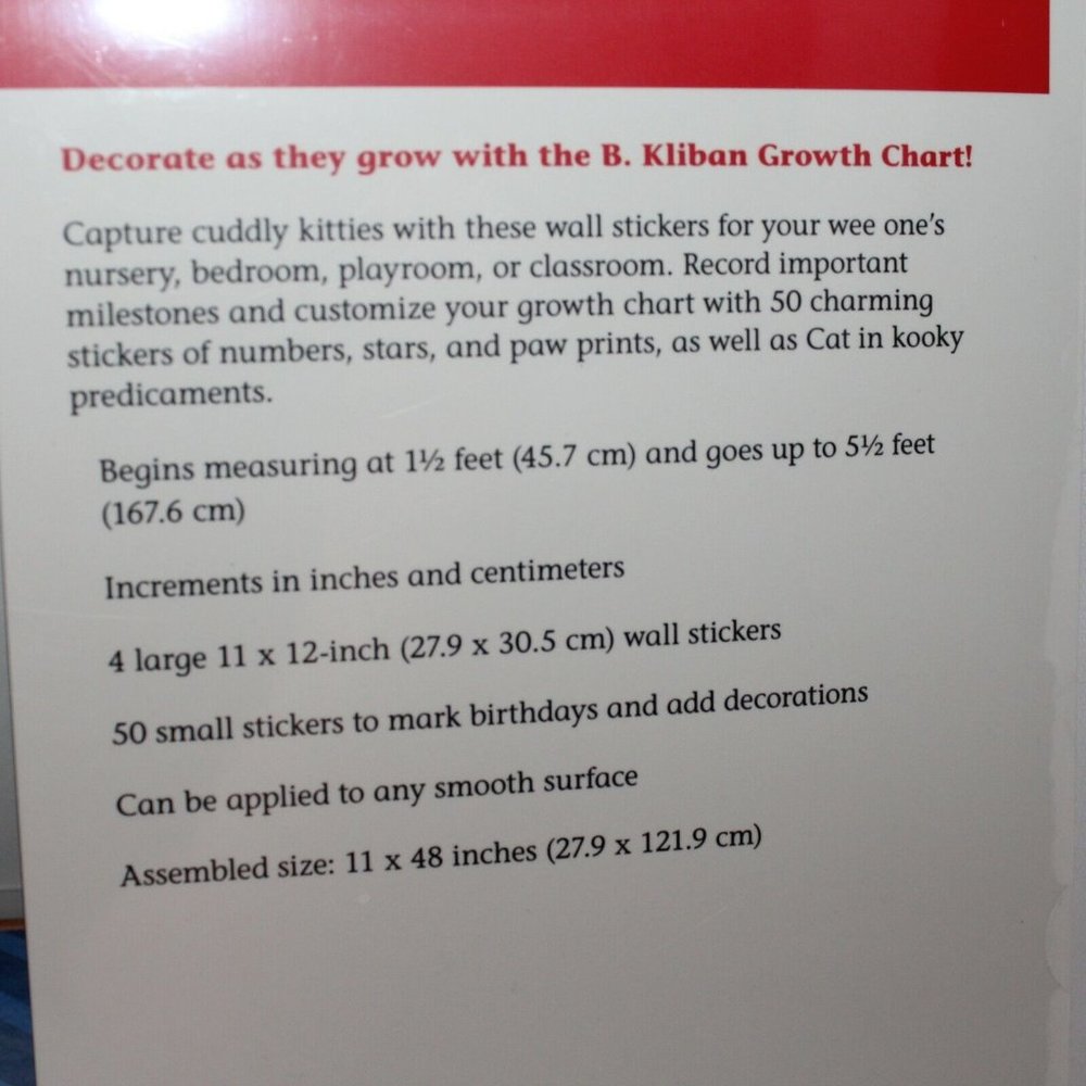 B. Kliban Child Kids Wall Growth Chart White Red Cats Stickers 11" x 48" Sealed - Picture 7 of 9